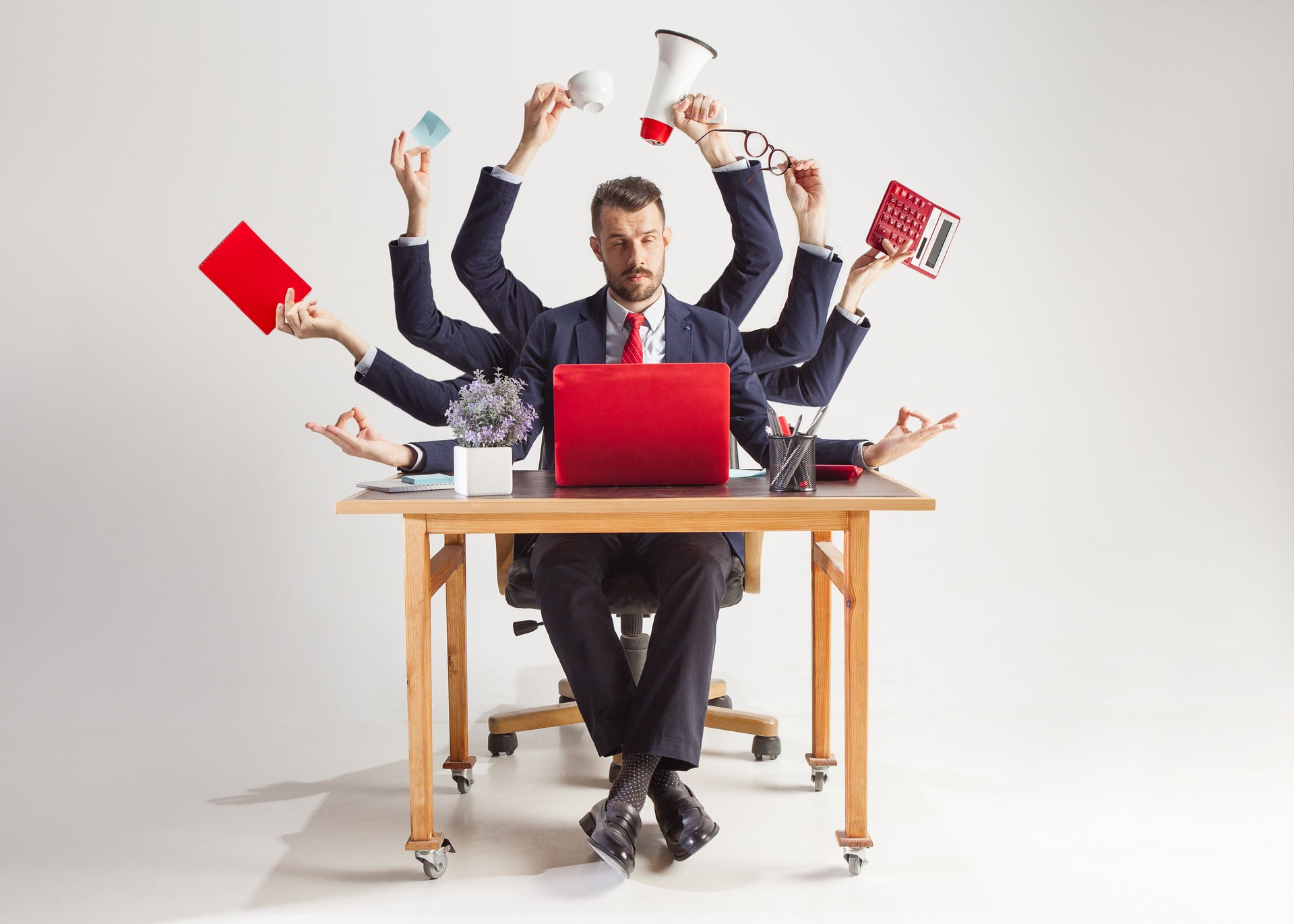 businessman with many hands in elegant suit working with paper, document, contract, folder, business plan.