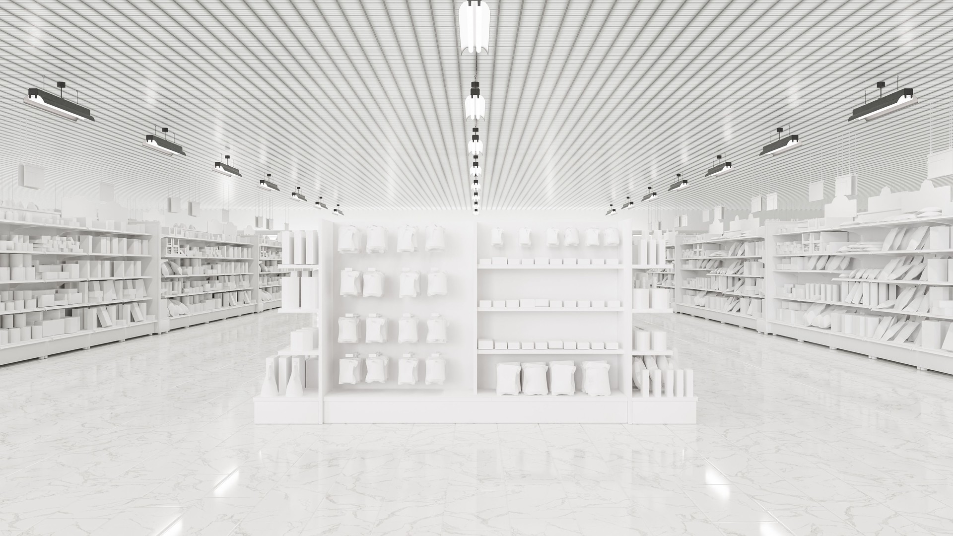 3D Rendering. Store interior supermarket with shelf shelves.