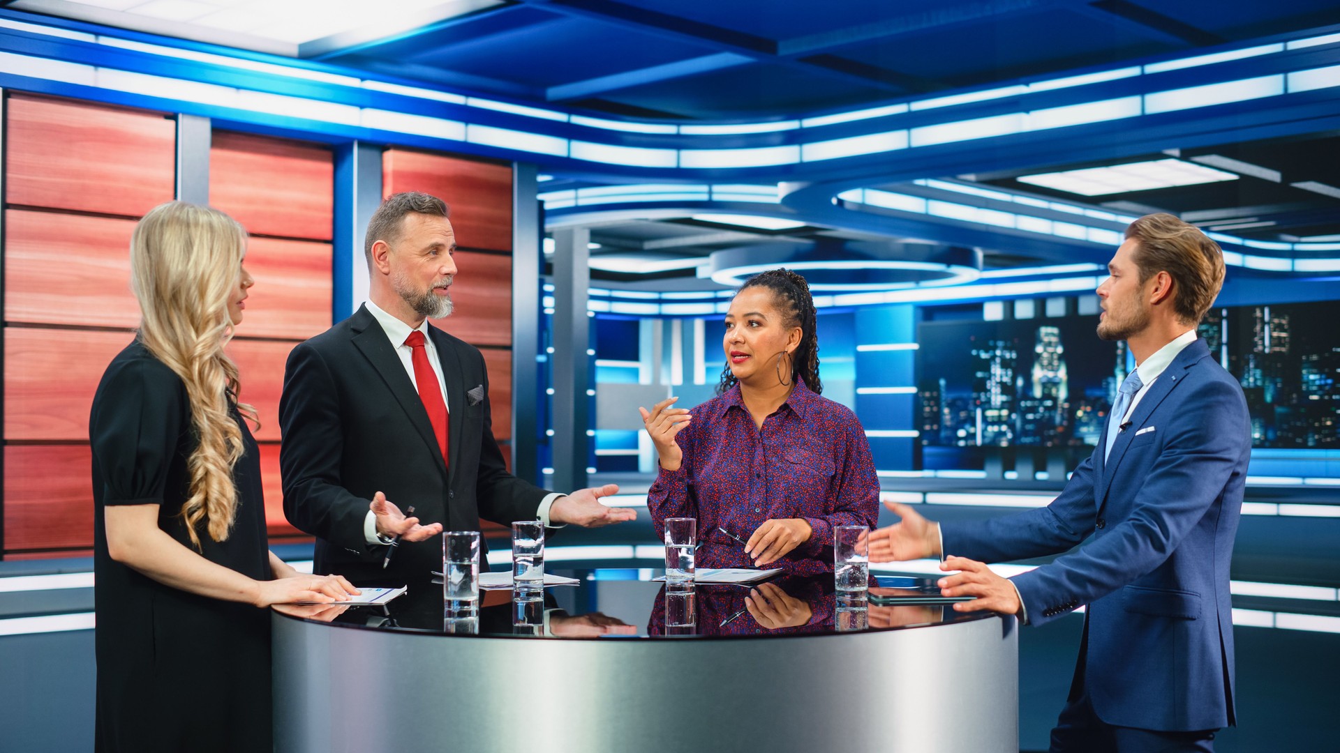 Talk Show TV Program: Four Diverse Specialists, Experts, Guests, Presenter, Host Discuss and Argue about Politics, Economy, Science, News. Mock-up Television Cable Channel Studio Debate